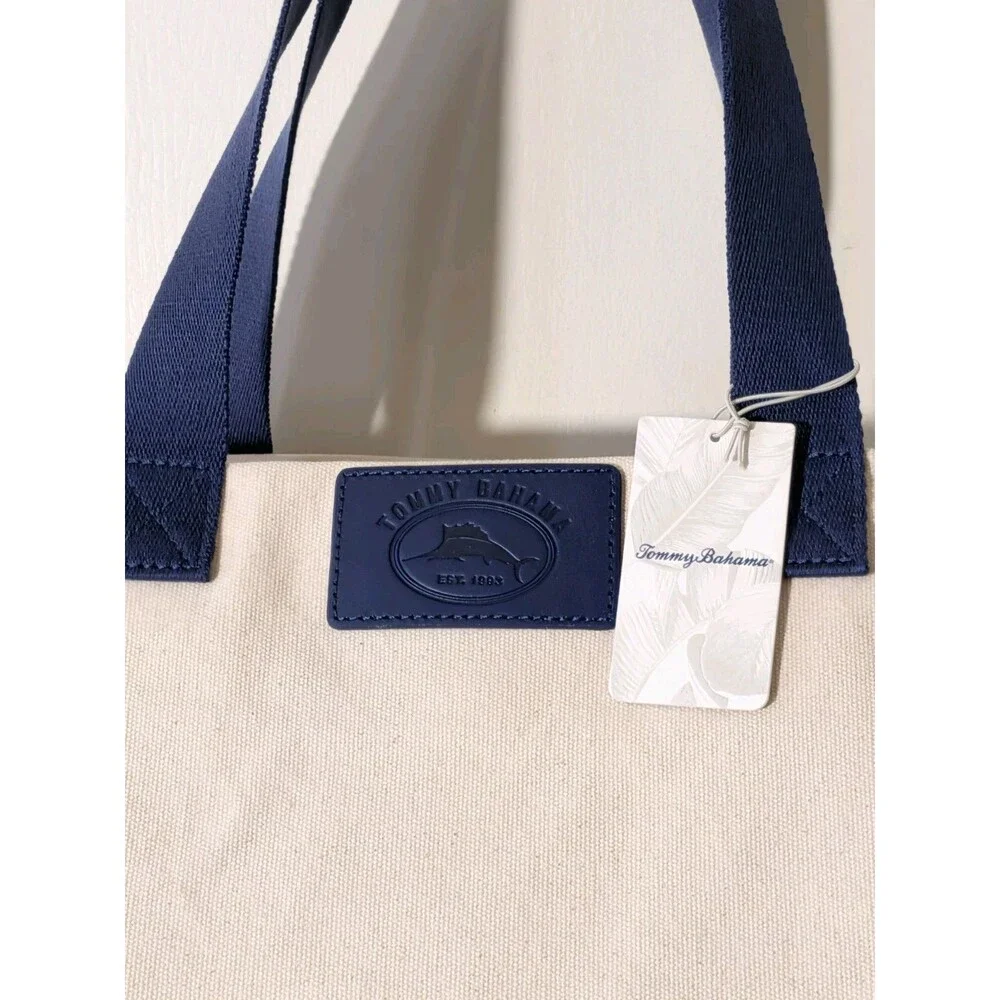Tommy Bahama Duffle Travel Weekender Canvas Bag Blue Cream Unisex NWT
